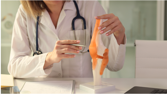 A Village Medical doctor explaining a knee replacement surgery on an anatomical model